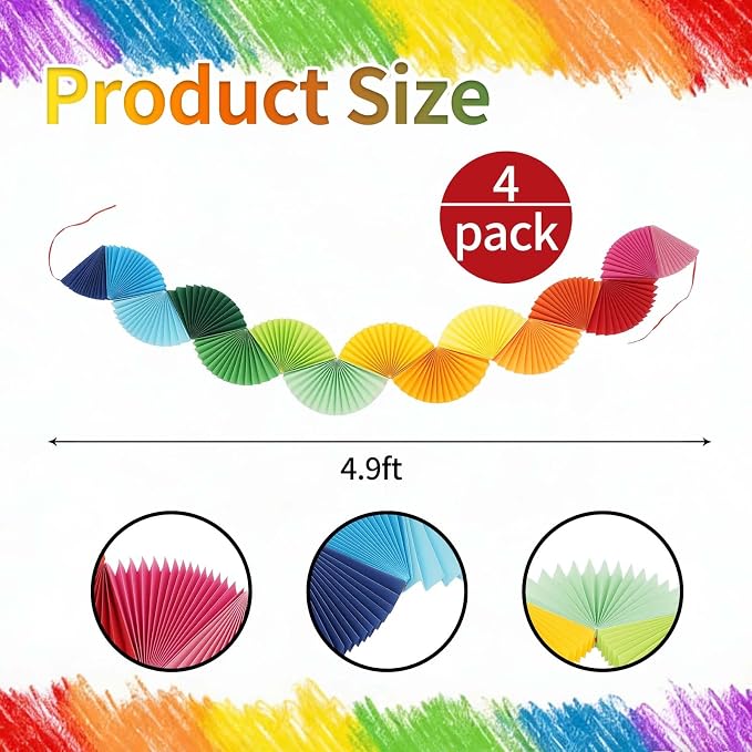 Rainbow Fan Garland Party Decorations - 4 Pack Paper Chain Garland Colorful Party Decorations for Birthday Wedding Bridal Shower Bachelorette Baby Shower