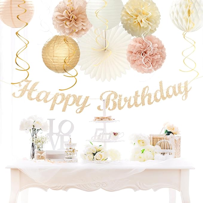 Champagne-Gold Beige Fall Boho Birthday Party-Decorations and Sage-Green Pink-Gold Boho-Rustic Birthday Party-Decorations