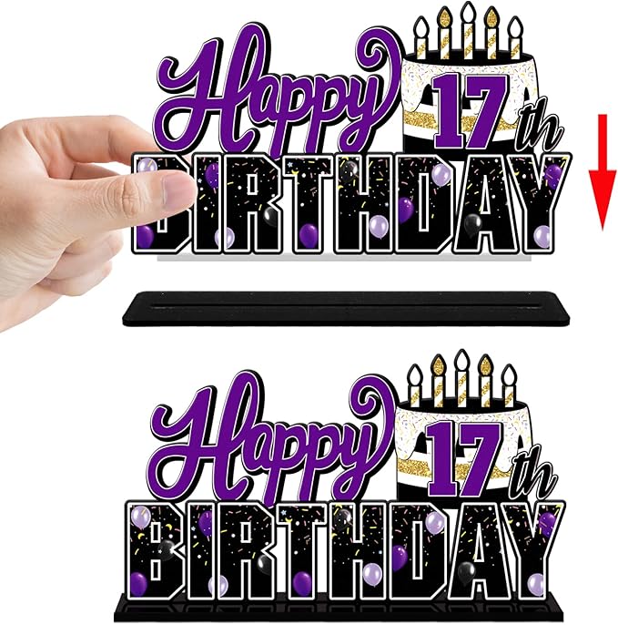 LINGTEER Happy 17th Birthday Purple Acrylic Table Topper Centerpieces Set - Cheers to Seventeen Years Old Birthday 17th Bday Party Gift Decorations.