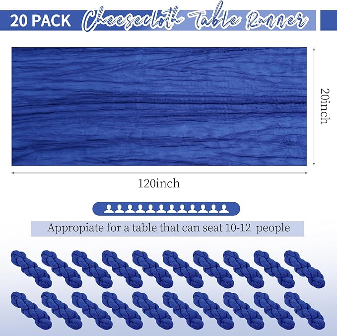 20 Pack Royal Blue Table Runners 10Ft Cheesecloth Table Runner Boho Gauze Cheese Cloth Table Runner Romantic Long Sheer Fabric Table Runners for Wedding Party Bridal Shower