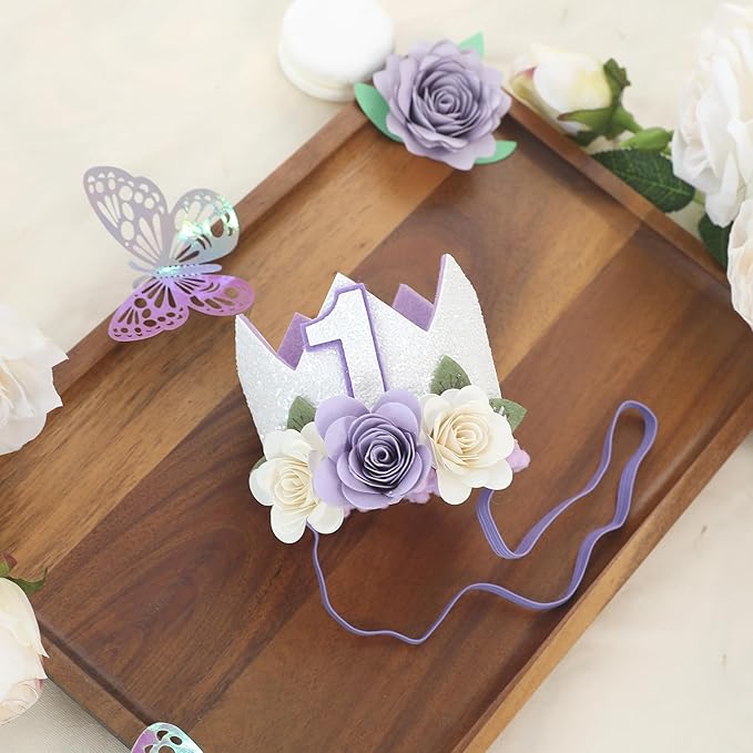 JUIIZAY First Birthday Decorations for Girl Purple High Chair Banner One Flower Cake Topper Floral Hat Wildflower Garland 1st Birthday Decoration Supplies