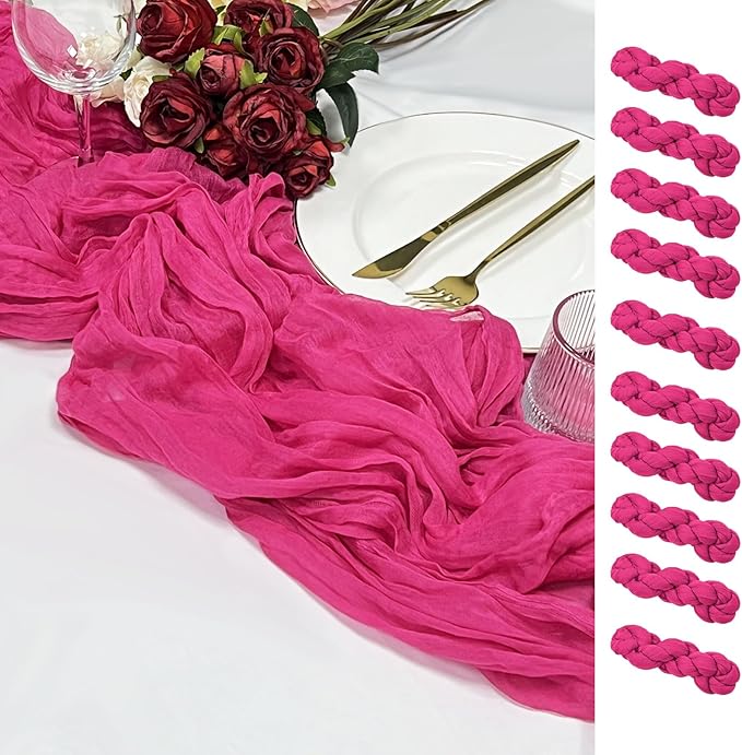 10 Pack 120inch Hot Pink Cheesecloth Table Runners - 10Ft Long Cotton Gauze Table Runner Set for Weddings Bridal Parties and Baby Showers Decoration- Elegant Fuchsia Table Cloth