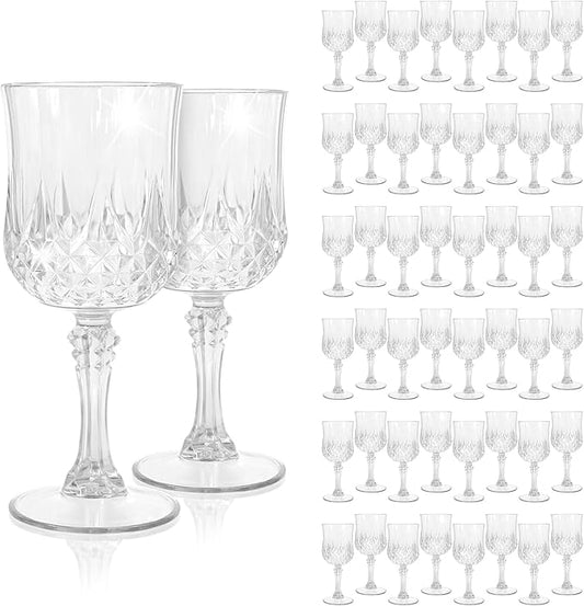 48Pack Transparent Plastic Wine Glasses,Vintage Plastic Goblets for Parties, Transparent Drinking Glasses Crystal Water Goblets Reusable for Wedding Reception, Grand Event Party Supplies