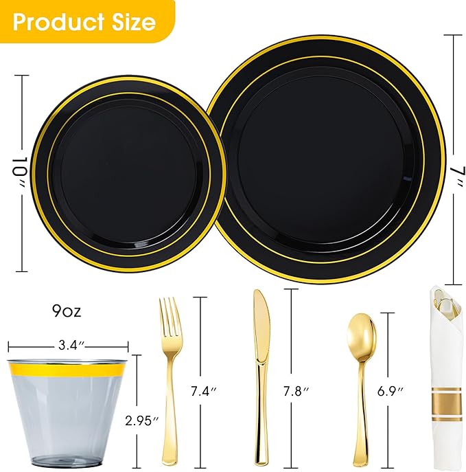 N9R 350 PCS Black Plastic Dinnerware Set for 50 Guests, Gold Plastic Plates, Disposable Plate for Party, Include: 50 Dinner & Dessert Plates, 50 Pre Rolled Napkins with Silverware and 50 Cups