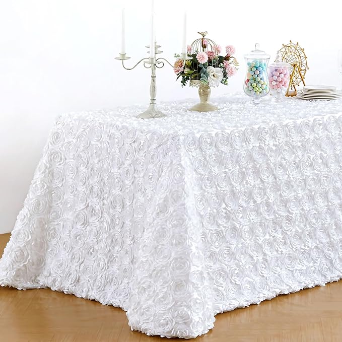B-COOL White Tablecloth Rectangle 60 x102 Inches for Wedding Party Rosette Table Cloth Party Table Decor Satin Floral Fabric for Baby Shower Home Decorations