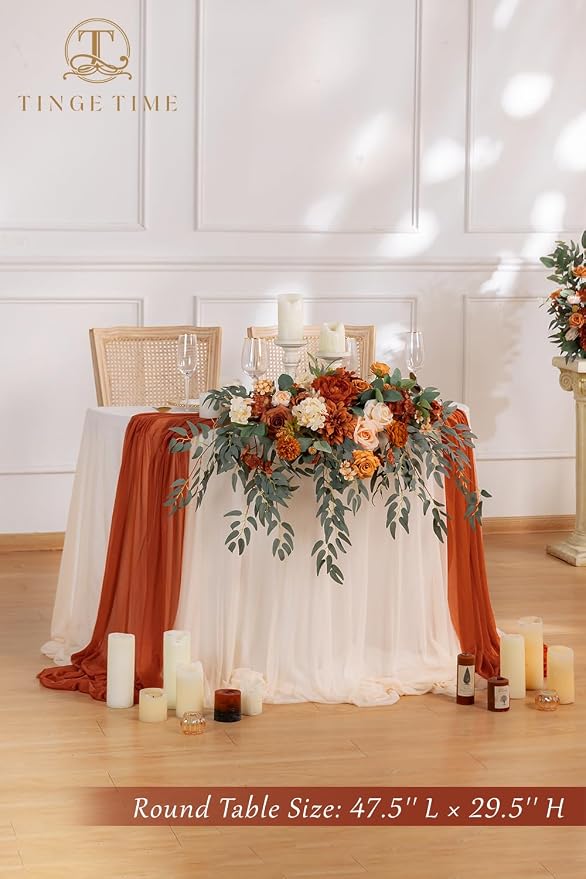 TINGE TIME Artificial Sweetheart Flower Swag with Tablecloth and Table Runner, Pack of 3 Floral Arrangement for Autumn Wedding Sweetheart Table Centerpiece Fall Decoration (Terracotta)