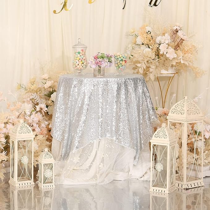 Eternal Beauty Silver Tablecloth, 50x50 Inch Sequin Square Glitter Table Cover for Cake Dessert Exhibition Party Birthday Events