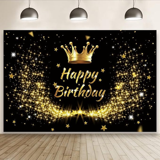 Laeacco Happy Birthday Backdrop 10x8ft Black and Gold Men Women Birthday Photography Background Gold Giltter Shining Stars Crown Happy Birthday Party Decoration Banner Adults Portrait Photo Studio