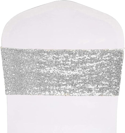 Pack of 25 Stretch Sequin Chair Sashes Chair Bands One-Sided Sequins Decor for Hotel Wedding Reception Events Party Chair Cover Decoration (Silver)