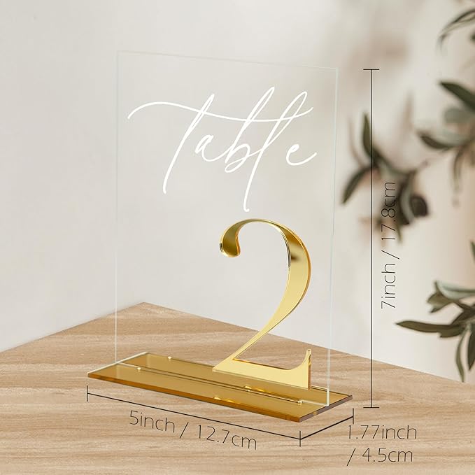 Acrylic Wedding Table Numbers 1-15 with Stands, 5"x7" Clear Acrylic Signs with 3D Gold Mirror Numbers, Clear and Gold 3D Table Numbers for Wedding Reception, Anniversary, Event