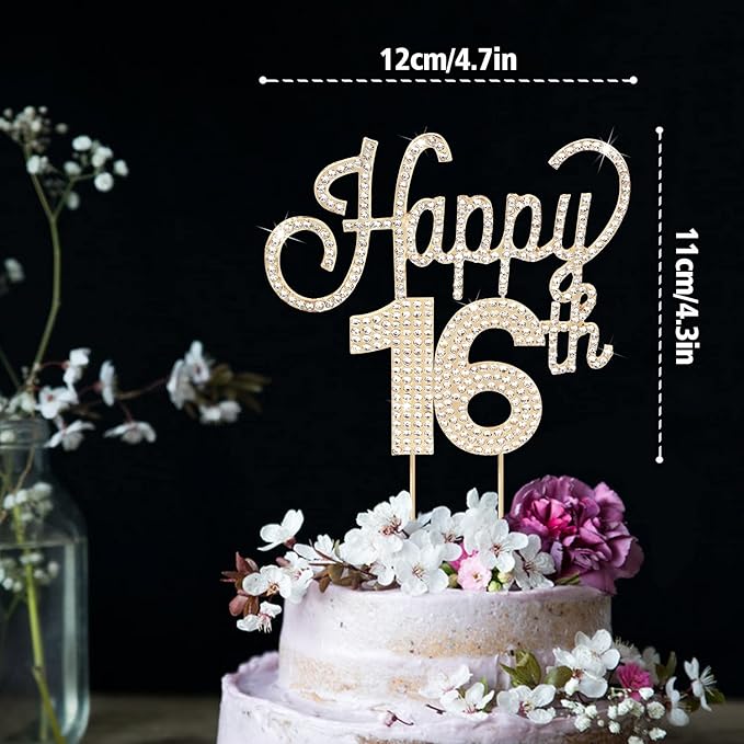 LINGTEER Happy 16th Birthday Gold Rhinestone Cake Topper - Cheers to 16th Birthday Sixteen Years Old Party Cake Centerpieces Topper Decorations Gift Sign.