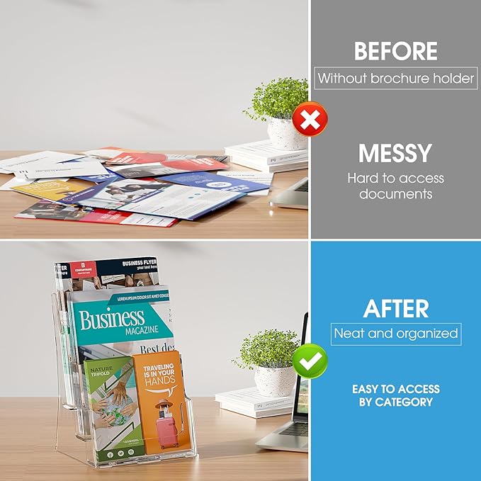 KTRIO Acrylic Brochure Holder 8.5 x 11, 3 Tier Literature & Pamphlet Organizer with Removable Divider for 4 Inch Flyers, Clear Display Stand for Desk & Wall Mount, 2 Pack