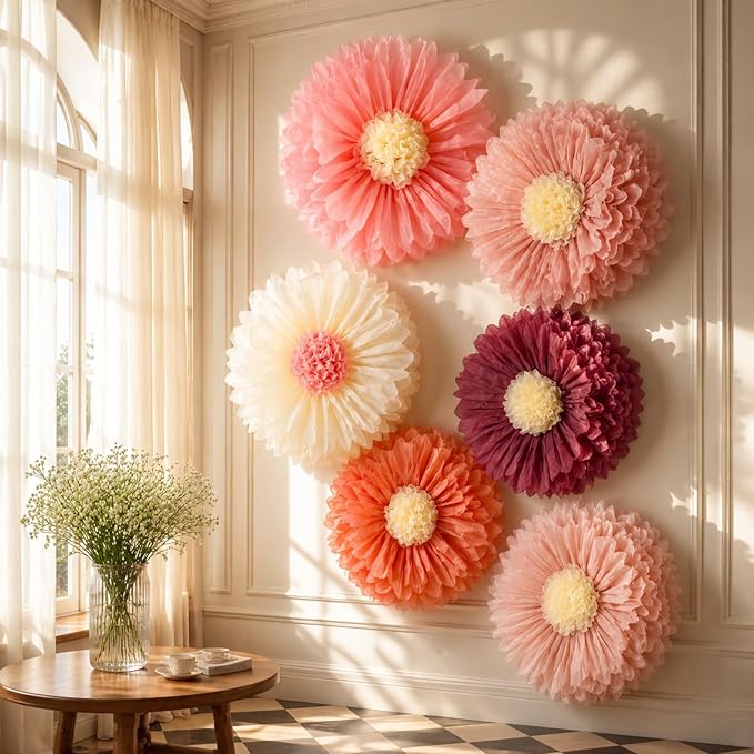 Giegxin 6 Pcs 31.5", 24" Pink Giant Paper Flower Boho Large Tissue Paper Flower for Wall Big Pink Pom Pom Floral Decorations for Wedding Bridal Shower Tea Party Baby Shower Classroom Birthday Decor