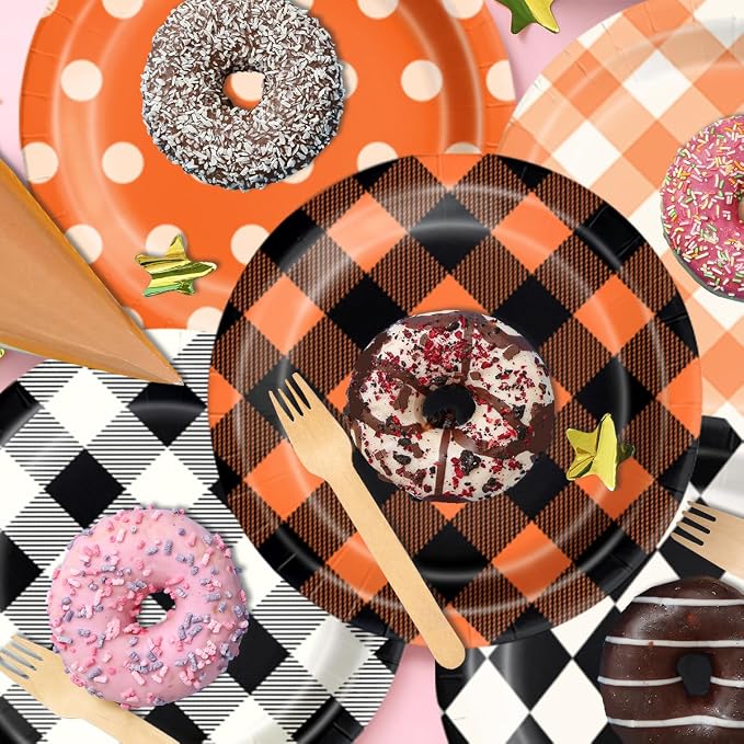 CMUSKO Fall Plaid Decorations - 60pcs Black Orange Buffalo Plaid Plates and Napkins Thanksgiving Halloween Gingham Tableware