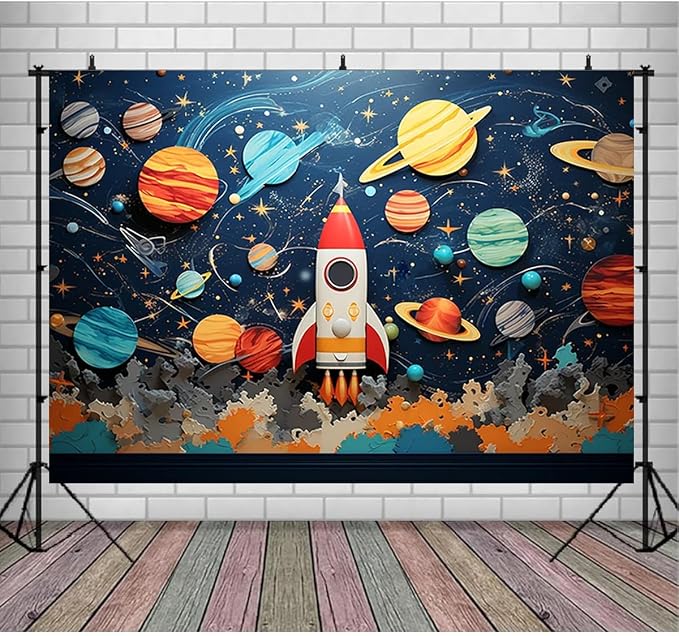 Universe Space Boy Birthday Backdrop for Photography Kids Astronaut Themed Birthday Party Decoration Children's Birthday Planet Party Background Night Sky Star Outer Space Backdrop (7X5FT)