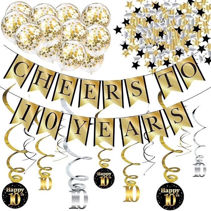 10th Birthday and Anniversary Decorations Party Pack - Pre-Strung Banner, Balloons, Swirls - 10th Birthday Decorations for Him or Her - Party Supplies and Gifts