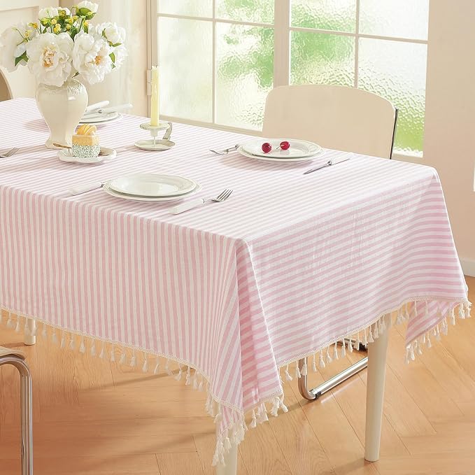 meioro Striped Rectangle Tablecloth, Cotton Blend Fabric Pink Table Cloth with Tassel, Washable Wrinkle Free Table Cover Boho Picnic Tablecloths for Valentines Day Kitchen Dining - 55 x 102 Inch