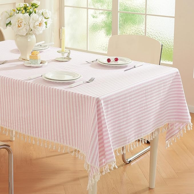 meioro Striped Rectangle Tablecloth, Cotton Blend Fabric Pink Table Cloth with Tassel, Washable Wrinkle Free Table Cover Boho Picnic Tablecloths for Valentines Day Kitchen Dining - 52 x 70 Inch