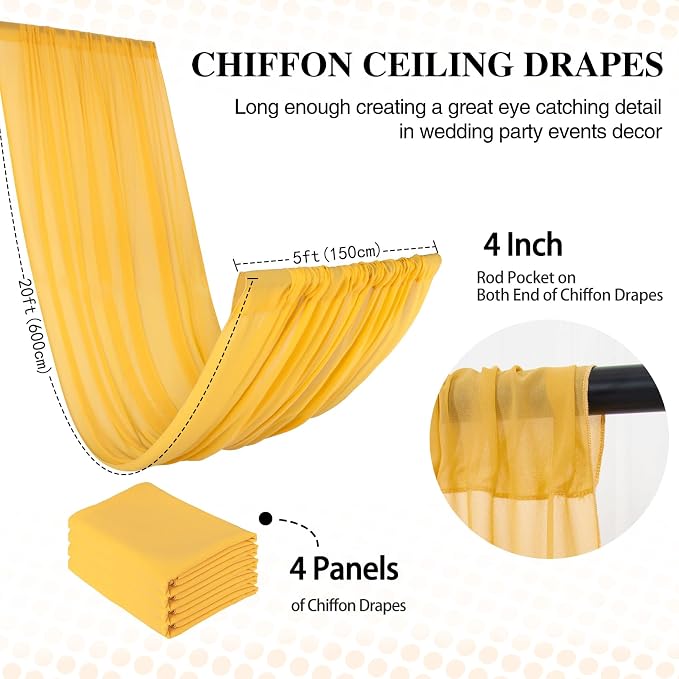 DUOBAO Chiffon Ceiling Drapes 20FT 4 Panels Gold Sheer Wedding Backdrop Curtains for Indoor Events Banquet Hall Tent Drapery Soft Draping Fabric for Arches Christmas and Photography（Golden）
