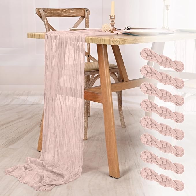 8 Pack Dusty Pink Cheesecloth Table Runner 10FT Boho Gauze Cheese Cloth Table Runner Rustic Sheer Fabric Table Runners for Wedding Bridal Shower Baby Shower Party(21.5×120 Inch)