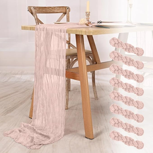 8 Pack Dusty Pink Cheesecloth Table Runner 10FT Boho Gauze Cheese Cloth Table Runner Rustic Sheer Fabric Table Runners for Wedding Bridal Shower Baby Shower Party(21.5×120 Inch)