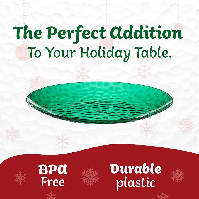 PLASTICPRO 30 Pack Hammered Plastic Plates Heavyweight Disposable Plastic Plates Elegant Green Platsic Party Dishes (Hammered green Christmass, 10'' INCH PLATES)