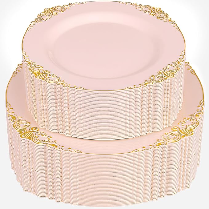 102PCS Pink Plastic Plates - Pink and Gold Plate - Heavyweight Disposable Plate with Gold Rim - Fancy Dinner & Dessert Plates for 51 Guests Weddings & Parties