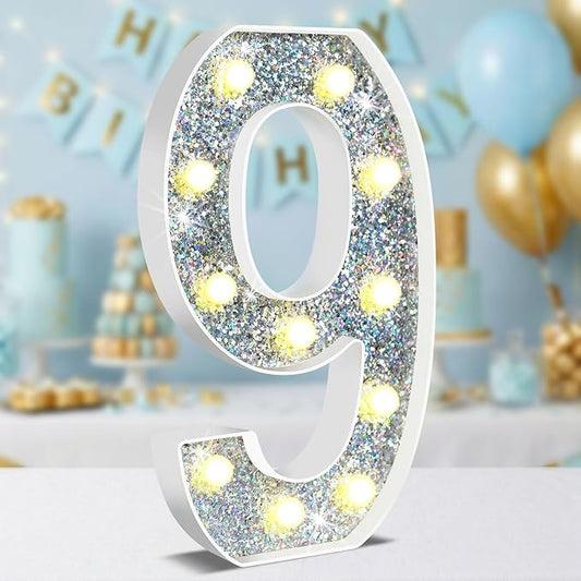 12.6 Inch LED Silver Marquee Light Up Numbers, 9th Birthday Decorations Number Lights as Gifts for Girls Boys, Glitter Lighted Marquee Numbers for Silver Anniversary Party Table Decor, 9
