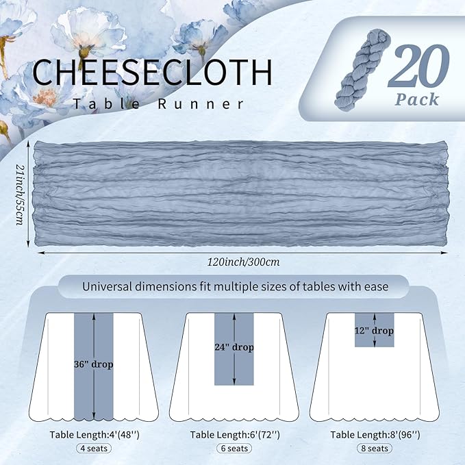 20 Pack Dusty Blue Cheesecloth Table Runner 10FT Boho Gauze Cheese Cloth Table Runners Romantic Rustic Sheer Table Decorations for Wedding Party Baby Shower Birthday Holiday Home