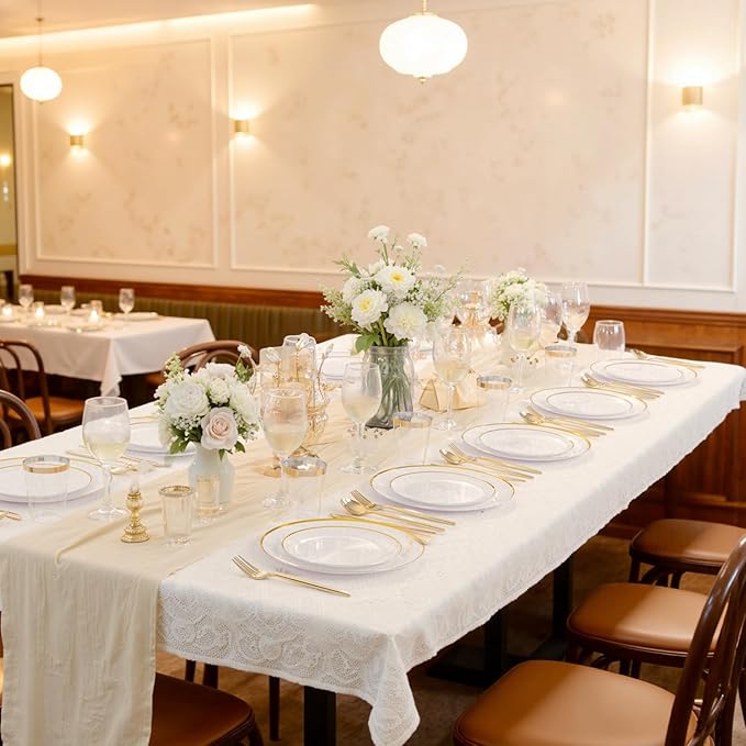 EI 180pcs White and Gold Plastic Plates,Gold Plastic Plates for Party,Fancy Plate Disposable Dinnerware Sets,Gold Disposable Silverware and Cups for Wedding,Baby Shower,Spring Afternoon Tea
