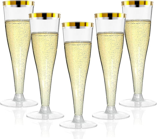 100 Pack Champagne Flutes Plastic Wine Glasses Disposable, 4.5 Oz Gold Rim Mimosa Glasses for 2025 Engagement Wedding Birthday New Years Eve Xmas Party Supplies, Bulk Toasting Cocktail Cups