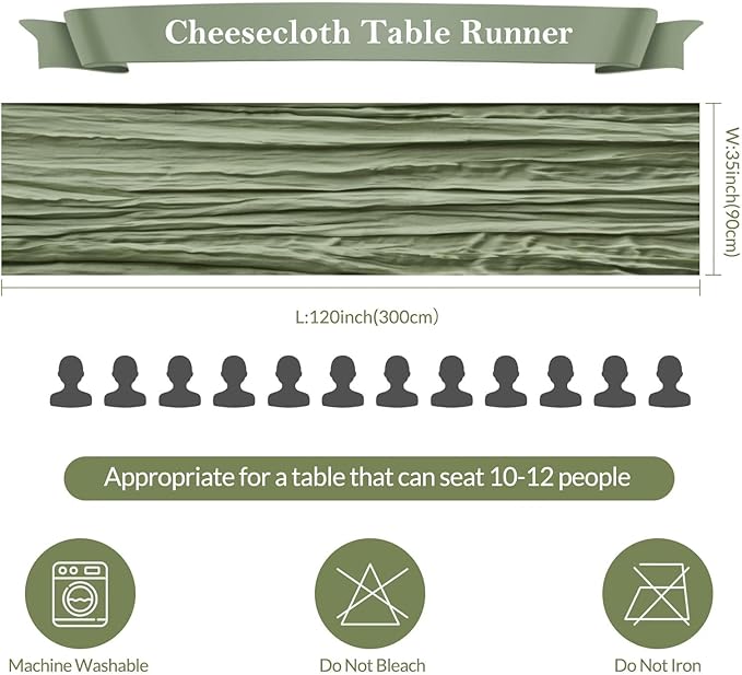 12 Pack Sage Green Cheesecloth Table Runner 35"×120" Gauze Fabric Table Runner Rustic Sheer Runner for Wedding Birthday Baby Shower Party Table Decoration Sage Green 12 Pack