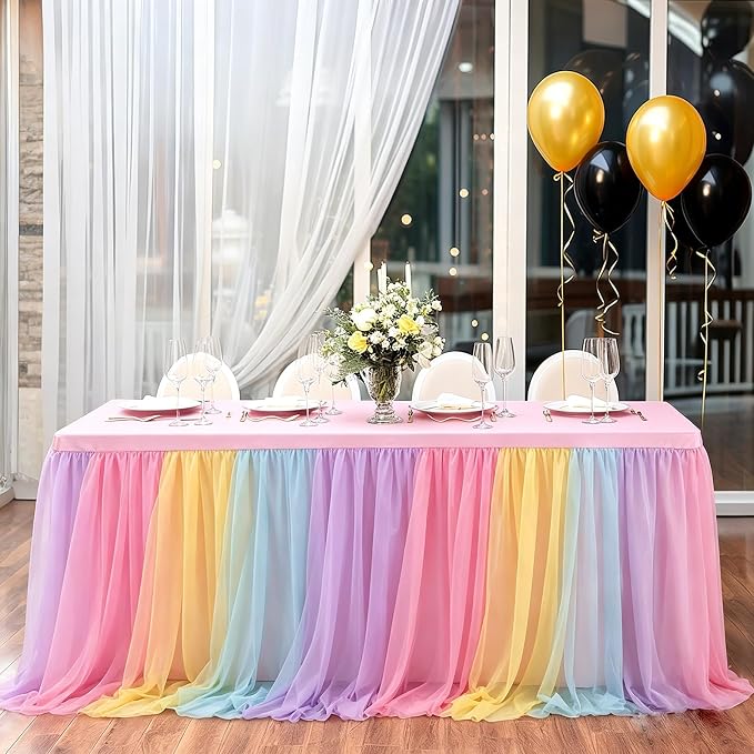 2-in-1 Rainbow Tablecloths with Tulle Table Skirt for 6 Foot Rectangle Tables, Party Ruffle Tutu Table Skirt Stretch Fitted Covers for Wedding Reception Birthday Baby Shower Celebration Banquet Event