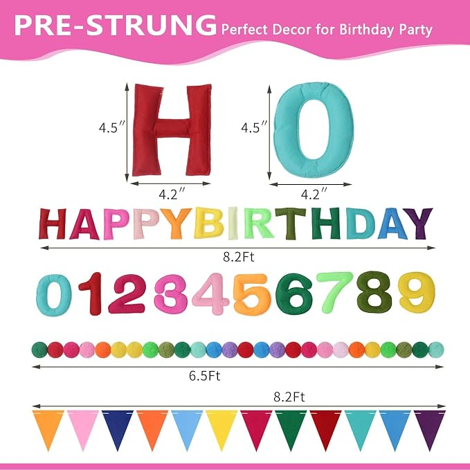Pre-strung Felt Happy Birthday Banner Decorations for Women Men | 3D Rainbow Birthday Party Decorations Sign with Replaceable Numbers 0-9,Multicolor Felt Ball&Triangle Flags Garland (Rainbow)
