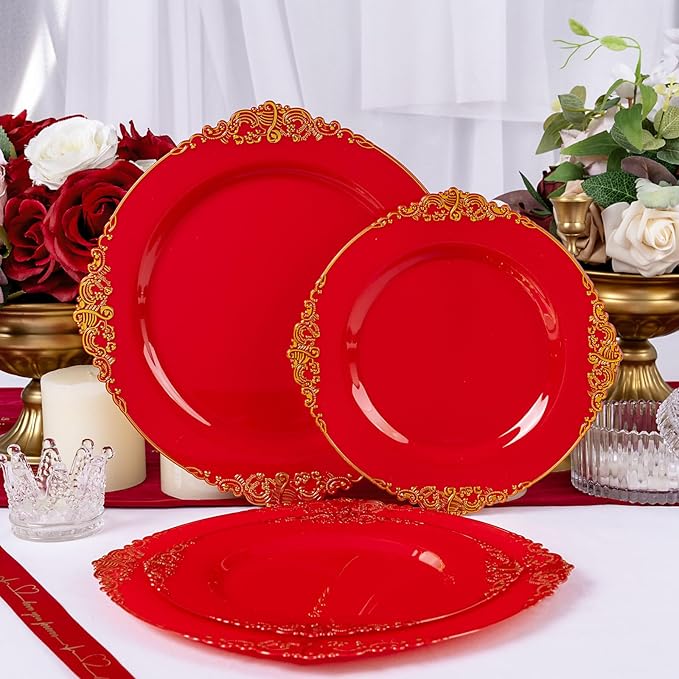 102PCS Red and Gold Plastic Plates - Red Plates Disposable - Vintage Plastic Plate with Gold Rim Include 51PCS Dessert & 51PCS Dinner Plate Perfect for Weddings & Party