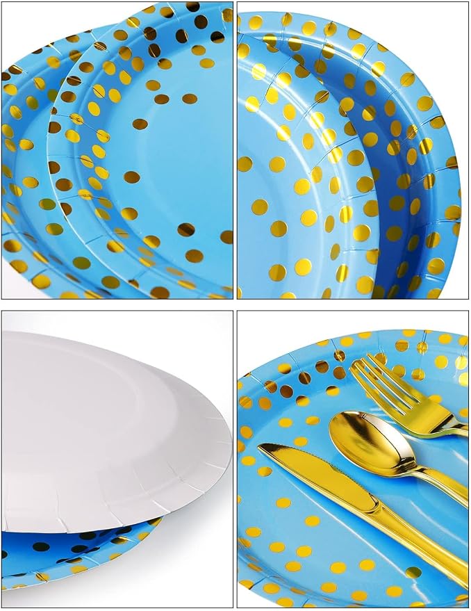 Nkaiso 141 Pieces Sky Blue Gold Party Supplies, Disposable Party Decorations Sets Include Paper Plates Napkins Cups, Plastic Forks Knives Spoons, for Baby Shower Birthday Wedding -20 Guests