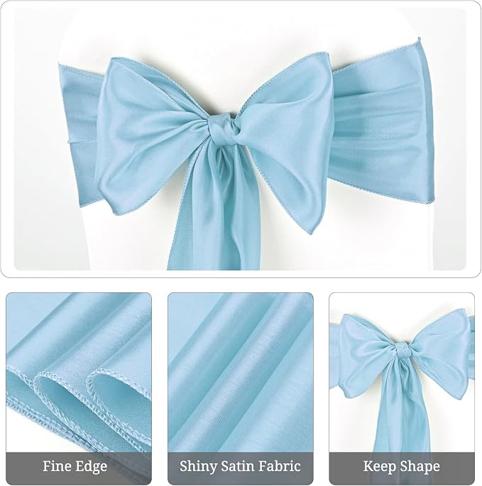 Pesonlook 120 PCS Light Blue Satin Chair Sashes Bows Satin Chair Sashes Universal Chair Cover for Wedding Reception Restaurant Event Decoration Banquet,Party,Hotel Event Decorations (7 x 108 inch)