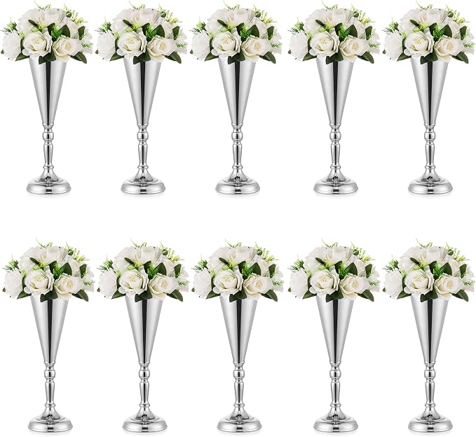 Sliver Vase Centerpiece Table Decorations - 10 Pcs Metal Tabletop Flower Stand, Wedding Decorations for Reception, 14in Trumpet Tall Flower Vase for Birthday, Weddings, Anniversary, Home Decor