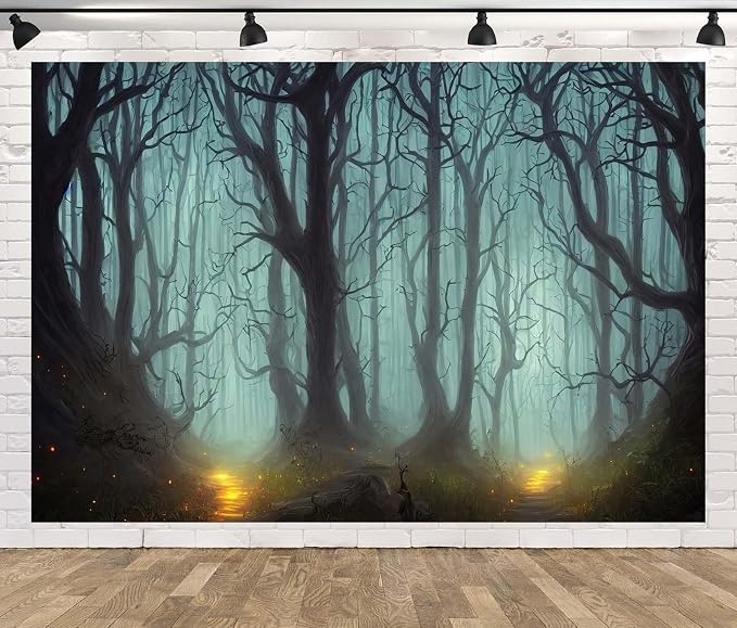 Dark Mystical Forest Backdrop Fabric 8x6ft Creepy Night Foggy Woods Path Gloomy Scene Background for Scary Themed Party Decor Halloween Witch Party Decorations Adults Photoshoot Props