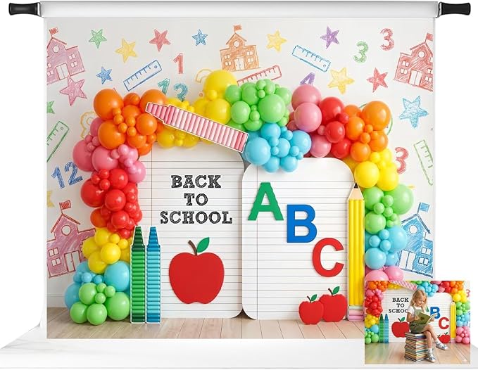 Kate Back to School Photo Backdrop ABC Balloon Arch, 10x8ft | ABC letters, balloon arch, pencil, apple, colorful school party photo background for kids portraits