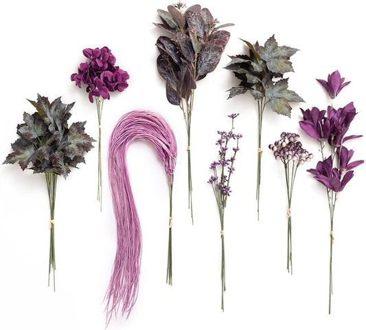 Ling's moment Artificial Greenery Stems Box Set, 46pcs with 8 Kinds of Faux Greenery Picks for DIY Bridal Bouquets Wedding Floral Arrangement Table Centerpieces, Plum & Plum Lily