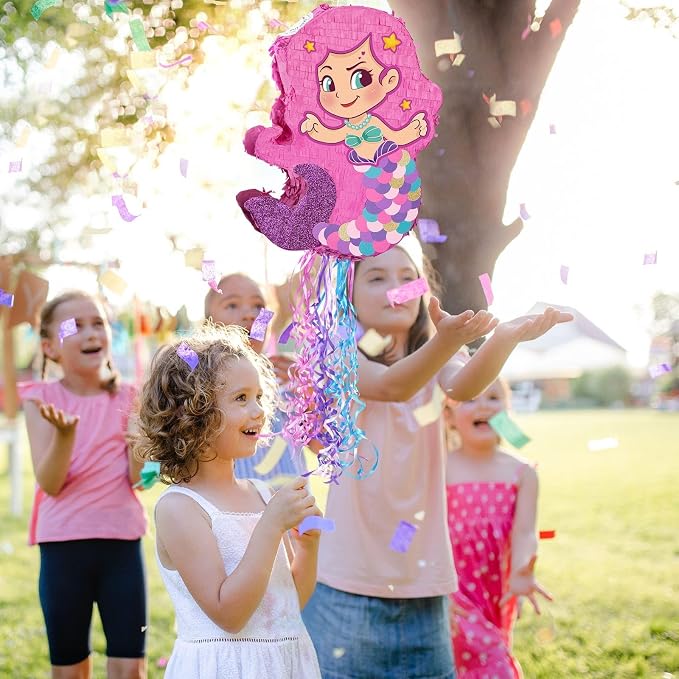 WERNNSAI Foldable Mermaid Piñata - Pull String Mermaid Birthday Party Supplies with Blindfold Bat and Tassels Party Decoration Folding Girl Piñatas for Game