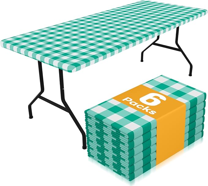 Smiry Picnic Table Cloth 6 Pack, Waterproof Elastic Fitted Tablecloths for 6FT Rectangle Tables, Washable Polyester Buffalo Plaid Tablecloth for Camping, Dining & Outdoor (Green & White, 30" x 72")
