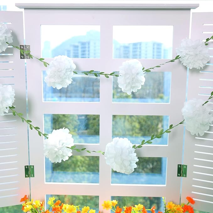 White Tissue Paper Pom Pom Garlands, Paper Flowers for Birthday Decorations, Baby Shower, Wedding Engagement, Bridal Shower, Spring Summer Party Decorations, 2 Pcs