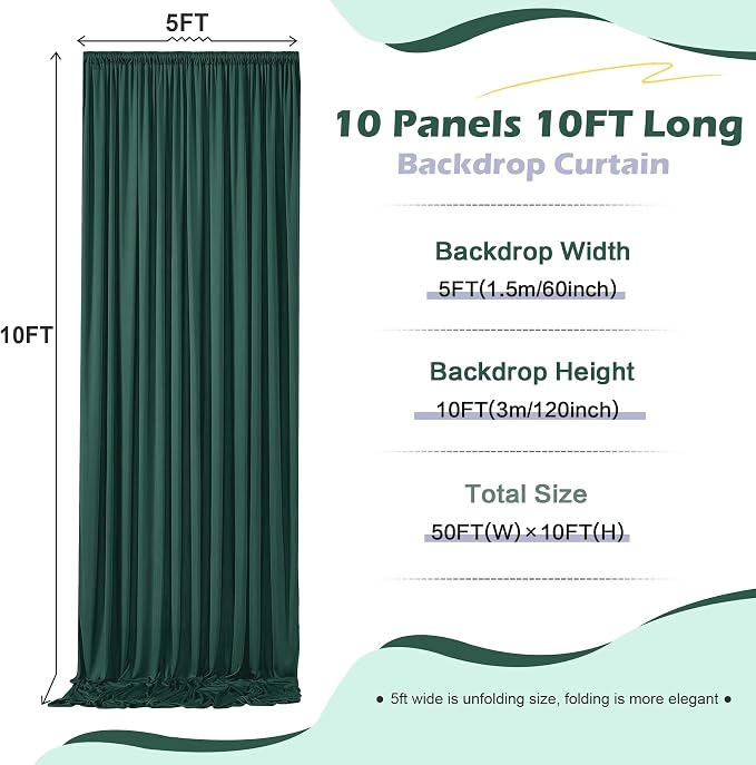50ft x 10ft Wrinkle Free Hunter Green Backdrop Curtain for Jungle Parties, 10 Panels 5×10ft Soft Silky Green Polyester Photo Backdrop Drapes for Wedding Birthday Photography Christmas Background Cloth