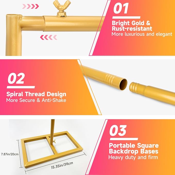 Wedding Arch Backdrop Stand Square 6.6FTx6.6FT Gold Metal Balloon Arch Stand Garden Arbor Backdrop Frame for Wedding Birthday Party Baby Shower Photo Booth Background Decoration