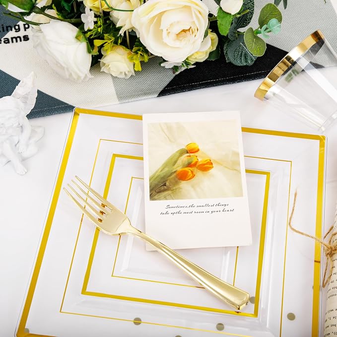 Festiva 350Pcs Clear Plastic Plates with Gold rim - Clear Gold Disposable Dinnerware for 50 Guests include Square Plastic Plates/Cups/Cutlery/Napkins Perfect for Birthday Party&Wedding
