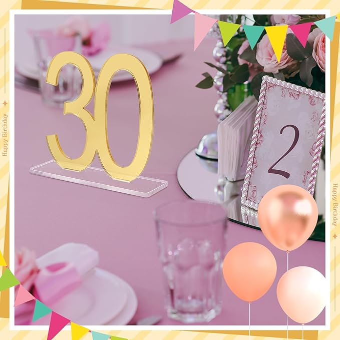 Threehoney 6 Pcs Mirror Gold 30th Birthday Decorations for Men and Women Acrylic Anniversary Decorations Table Numbers Centerpieces for Birthday Party
