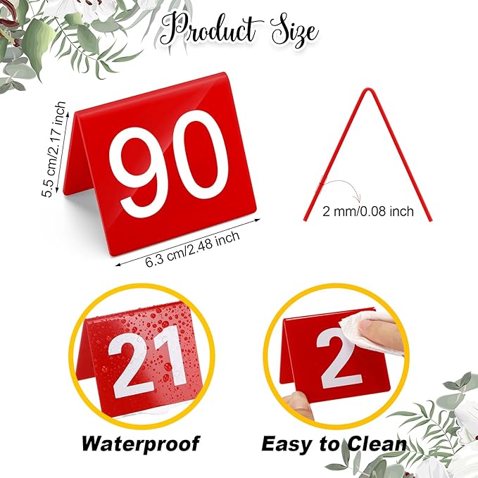 Tuanse 100 Pcs Acrylic Table Numbers 1-100 Double Sided Minimalist Restaurant Wedding Table Tent Cards for Party Event Banquets Wedding Reception, 2.5 x 2 x 1.6 Inch(Red Background)