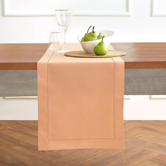 Solino Home Cotton Linen Table Runner 90 Inches Long - Hemstitch Peach Bloom Dining Table Runner 14 x 90 Inch for Mothers Day, Spring, Summer